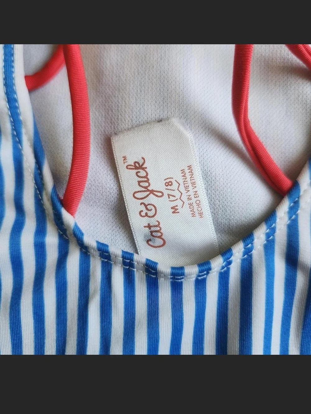 Cat & Jack Blue and White Striped One-Piece with Red Straps and Cherry Patch